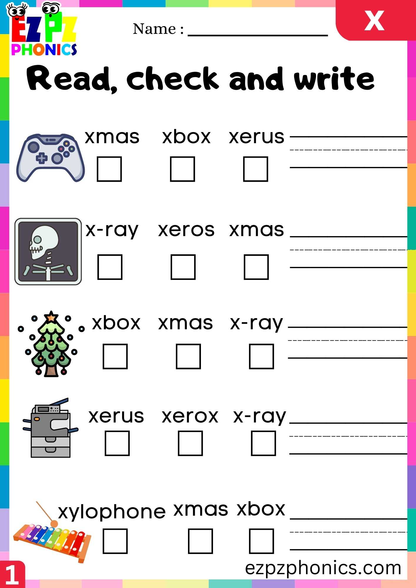 Letter X Read, Check And Write Beginning Sounds Worksheet
